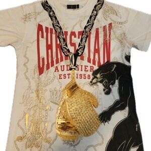 NEW Christian Audigier Tee Bk Panther Lg Gold Boxing Gloves Pendant Rhinestones